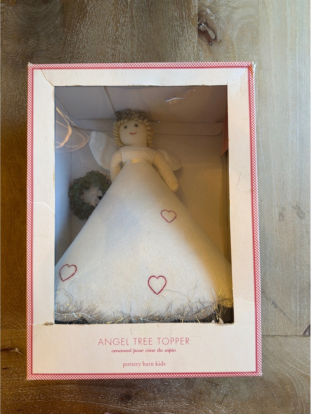 Pottery Barn Kids Holiday Angel Tree Topper Fabric Felt Hearts Crown Box Vintage